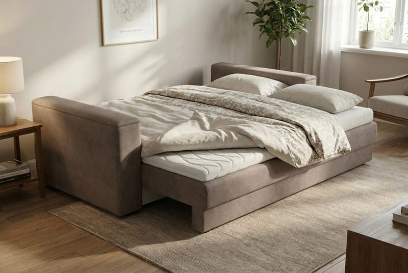 Bergen Ekstra dyb 3-personers sovesofa med topmadras i polyetherskum, vendbar sommer- og vinterside og vaskbart betræk - Beige stof - Møbler - Sofaer - Sovesofaer - 3 personers sovesofa