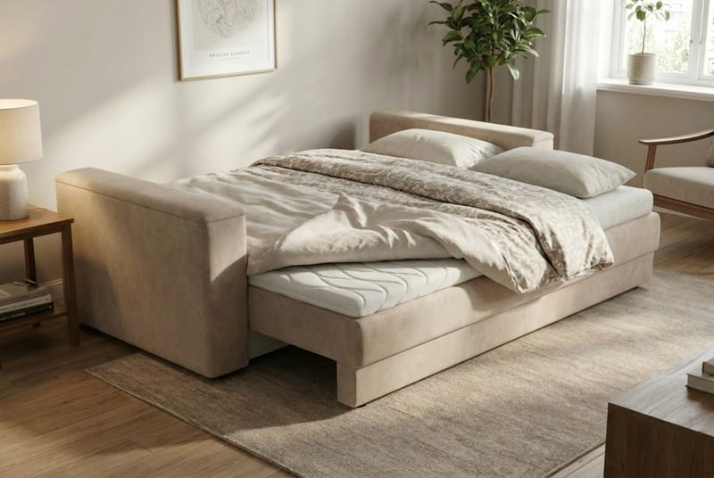Bergen Ekstra dyb 3-personers sovesofa med topmadras i polyetherskum og vaskbart betræk - Brunt stof - Møbler - Sofaer - Sovesofaer - 3 personers sovesofa