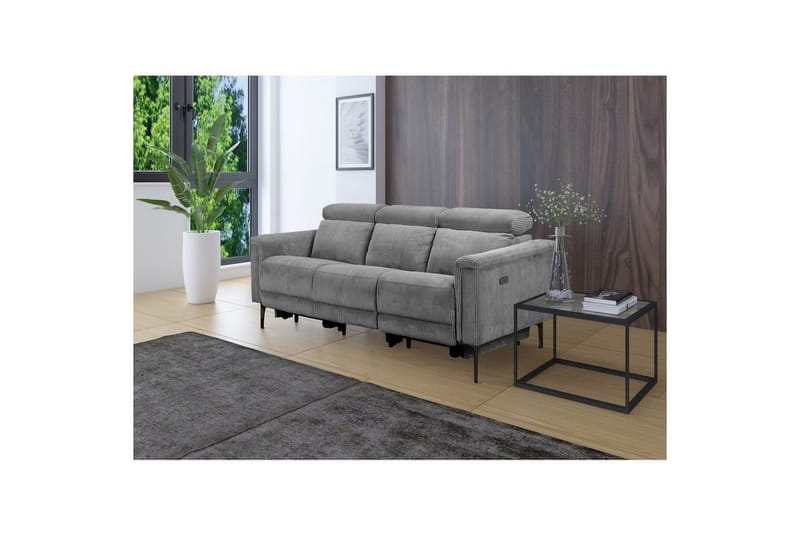 Lund 3-personers Rektangulær Biografsofa med Recliner 222 cm i Fløjlskord - Grå - Møbler - Sofaer - Recliner sofaer - 3 personers biograsofa & reclinersofa