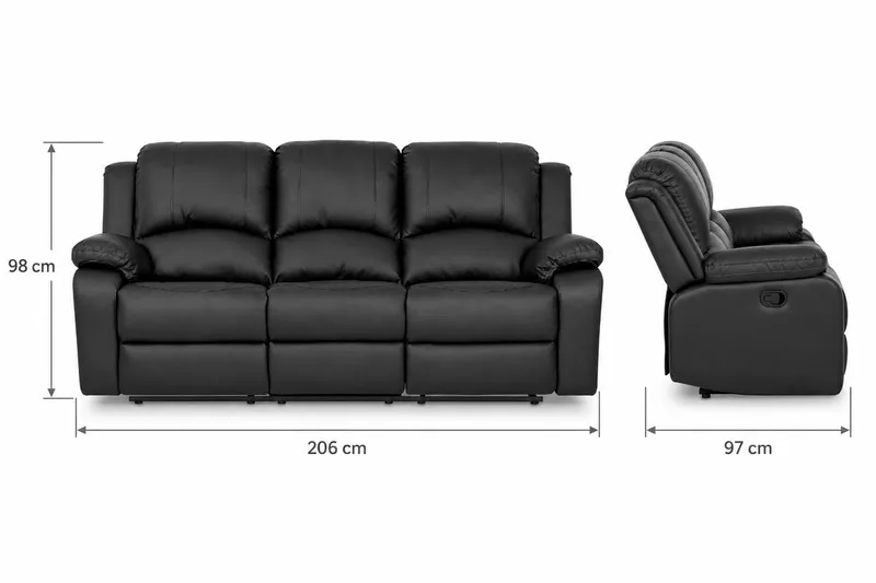 Norbo Skøn Recliner Sofa 3-personers Kunstlæder - Fällbar sofa - Biografsofa - Sort - Møbler - Sofaer - Recliner sofaer