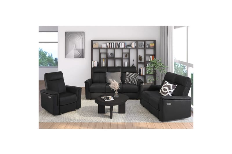 Sofa 3-sæders Southbrook Sort, Ægte læder/PU/Træ/Metal, Elektrisk hvilestol - Sort, Ægte læder/PU/Træ/Metal, Elektrisk hvilestol - Møbler - Sofaer - Recliner sofaer