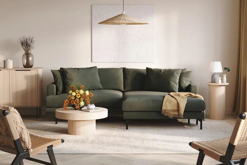 Menard 4-personers Højrevendt L-formet Divansofa i Manchester - Mørkegrøn - Møbler - Sofaer - Sofa med chaiselong - 4 personers sofa med chaiselong