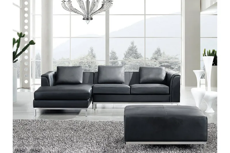 Dugard Hjørnesofa Højre + Fodskammel, Sort/Læder
