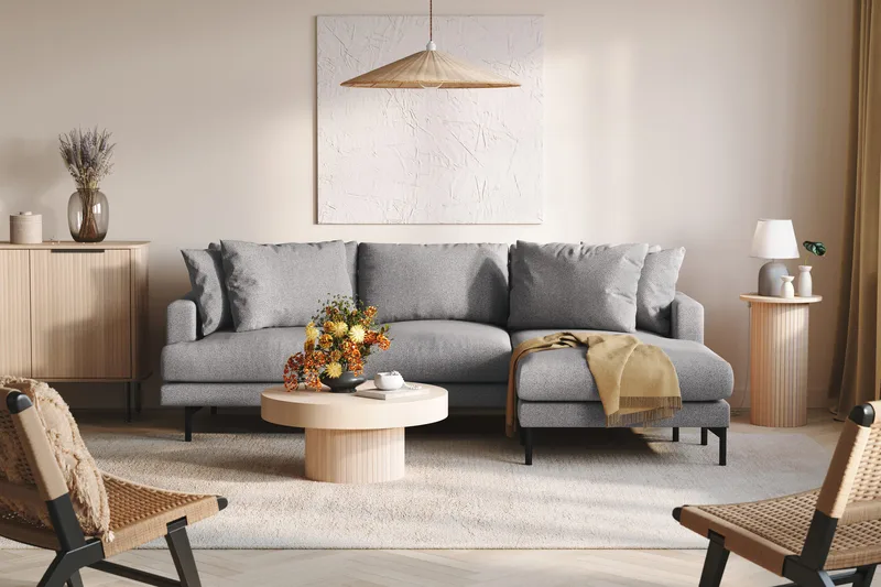 Menard 3-personers Højrevendt L-formet Divansofa i Stof - Grå - Møbler - Sofaer - Sofa med chaiselong - 3 personers sofa med chaiselong