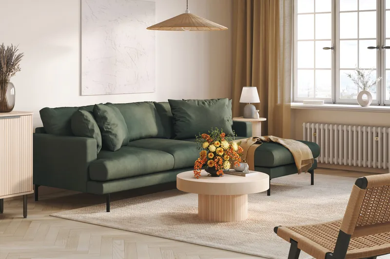 Menard 3-personers Højrevendt L-formet Divansofa i Manchester - Grøn - Møbler - Sofaer - Sofa med chaiselong - 3 personers sofa med chaiselong