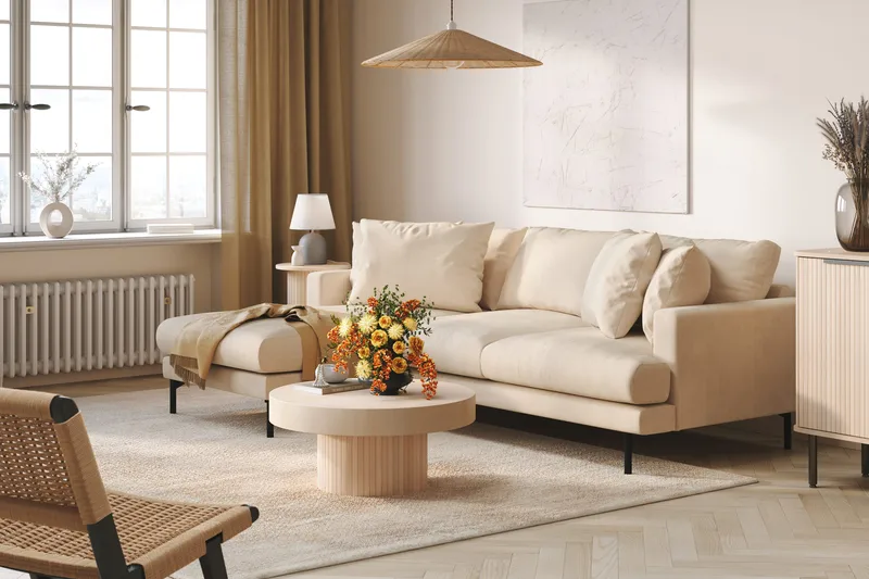 Menard 3-personers Venstrevendt Dyb L-formet Divansofa i Manchester - Beige - Møbler - Sofaer - Sofa med chaiselong - 3 personers sofa med chaiselong