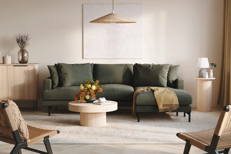 Menard 3-personers Højrevendt L-formet Divansofa i Manchester - Mørkegrøn - Møbler - Sofaer - Sofa med chaiselong - 3 personers sofa med chaiselong