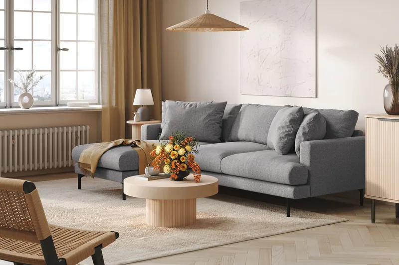 Menard 3-personers Venstrevendt L-formet Divansofa i Stof - Grå - Møbler - Sofaer - Sofa med chaiselong - 3 personers sofa med chaiselong