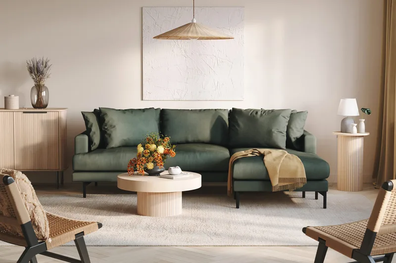 Menard 3-personers Højrevendt L-formet Divansofa i Manchester - Grøn - Møbler - Sofaer - Sofa med chaiselong - 3 personers sofa med chaiselong