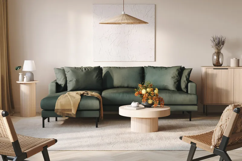 Menard 3-personers Venstrevendt L-formet Divansofa i Manchester - Grøn - Møbler - Sofaer - Sofa med chaiselong - 3 personers sofa med chaiselong