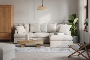 Menard 4-personers Højrevendt Dyb L-formet Chaiselongsofa i Stof - Beige - Møbler - Sofaer - Sofa med chaiselong - 4 personers sofa med chaiselong