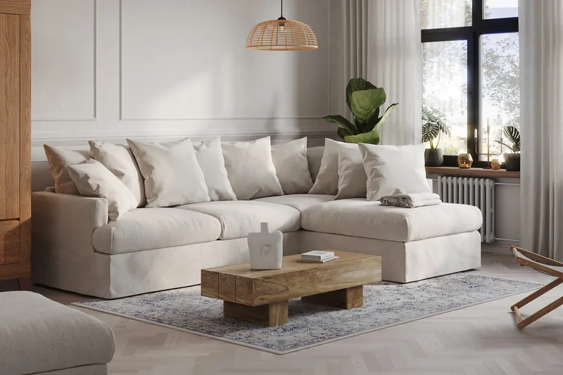 Menard 4-personers Højrevendt Dyb L-formet Chaiselongsofa i Stof - Beige - Møbler - Sofaer - Sofa med chaiselong - 4 personers sofa med chaiselong