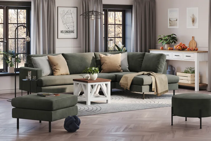 Menard Compact 4-personers Højrevendt L-formet Chaiselongsofa i Manchester - Mørkegrøn - Møbler - Sofaer - Sofa med chaiselong - 4 personers sofa med chaiselong