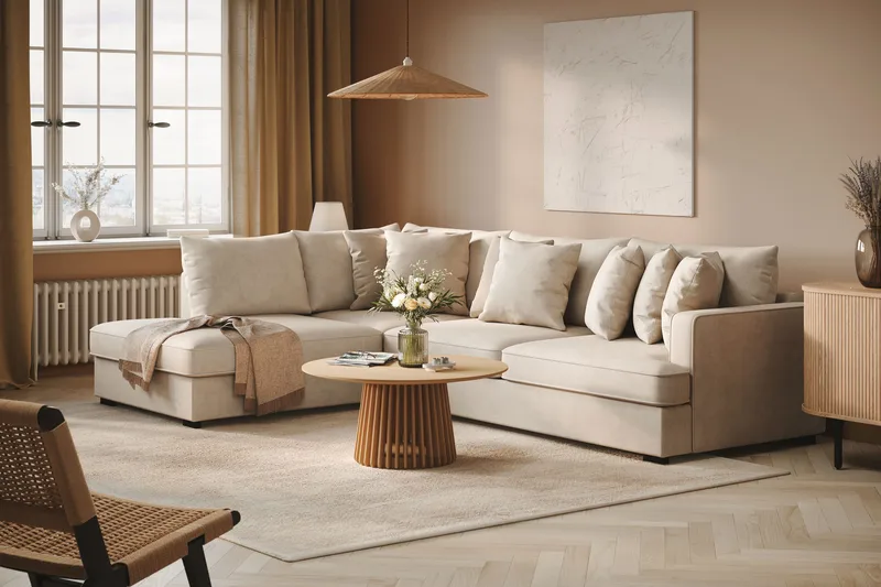 Rossita 4-personers Venstrevendt L-formet Dyb Chaiselongsofa i Stof - Beige - Møbler - Sofaer - Sofa med chaiselong - 4 personers sofa med chaiselong