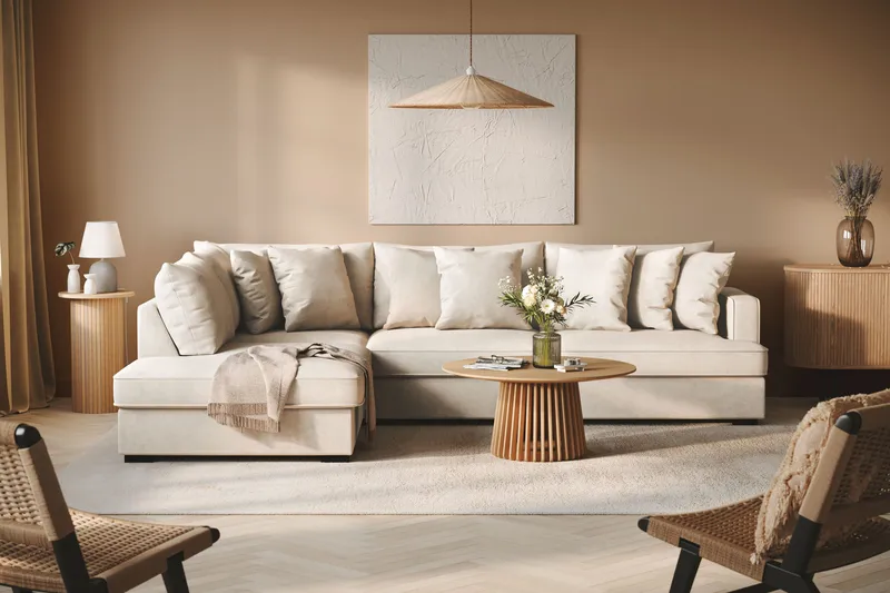 Rossita 4-personers Venstrevendt L-formet Dyb Chaiselongsofa i Stof - Beige - Møbler - Sofaer - Sofa med chaiselong - 4 personers sofa med chaiselong