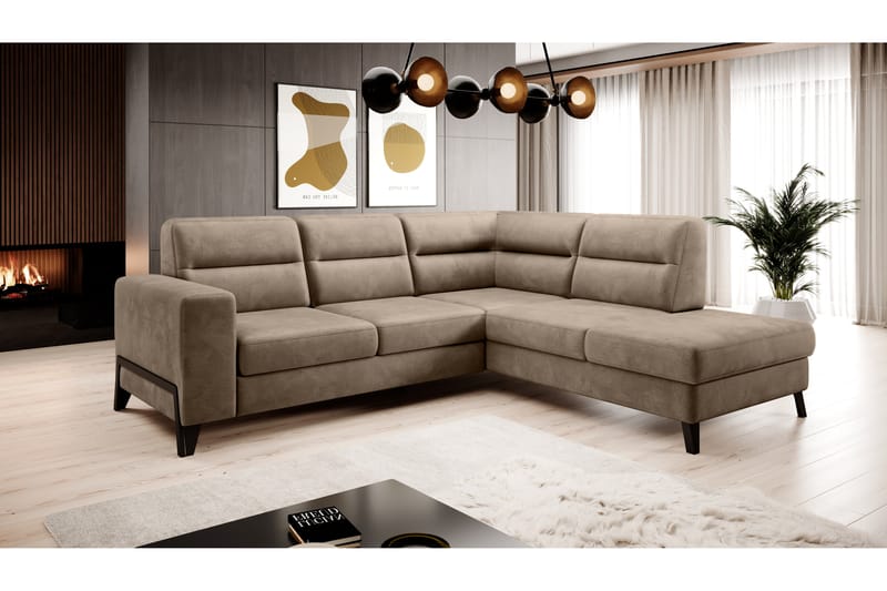 Anglika Sofa m. Chaiselong 4-Pers. - Beige - Sofa med chaiselong - 4 personers sofa med chaiselong - Velour sofaer