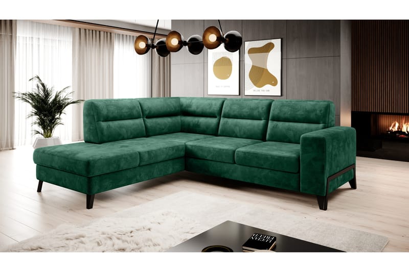 Anglika Sofa m. Chaiselong 4-Pers. - Grøn - Sofa med chaiselong - 4 personers sofa med chaiselong - Velour sofaer