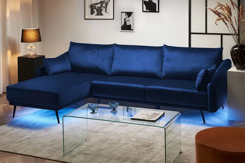 Bartelme Hjørnesofa Højre med LED-belysning velour - Blå - Møbler - Sofaer - Sofa med chaiselong