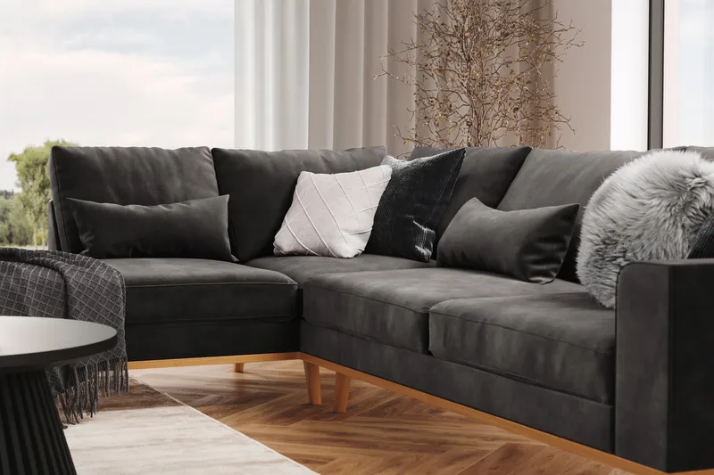 Copenhagen 4-personers Venstrevendt L-formet Divansofa i Fløjl - Mørkegrå - Møbler - Sofaer - Sofa med chaiselong