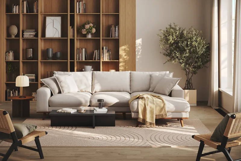 Copenhagen Premium 4-seters Høyrevendt L-formet Dyp Divansofa i Stof - Beige - Møbler - Sofaer - Sofa med chaiselong