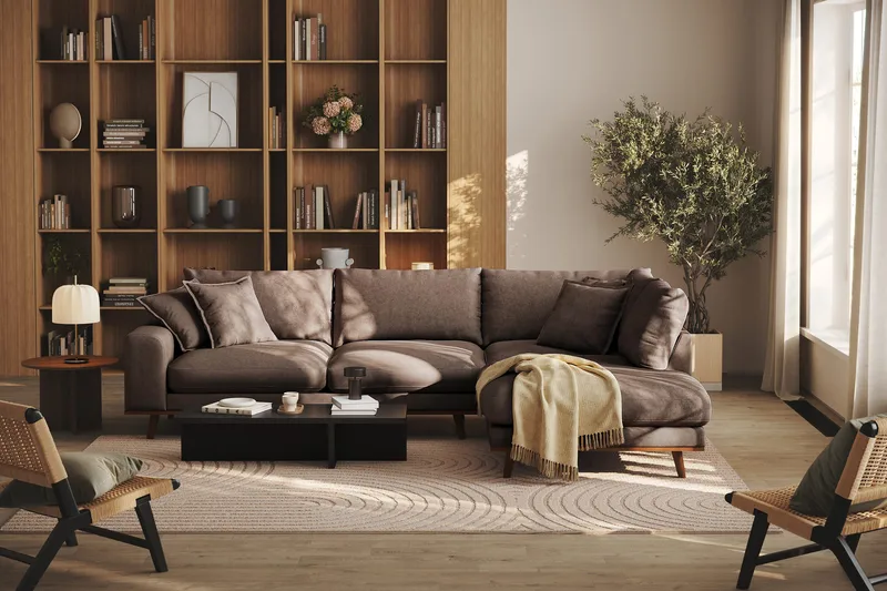 Copenhagen Premium 4-seters Høyrevendt L-formet Dyp Sjeselongsofa i Stof - Mørkebrun - Møbler - Sofaer - Sofa med chaiselong