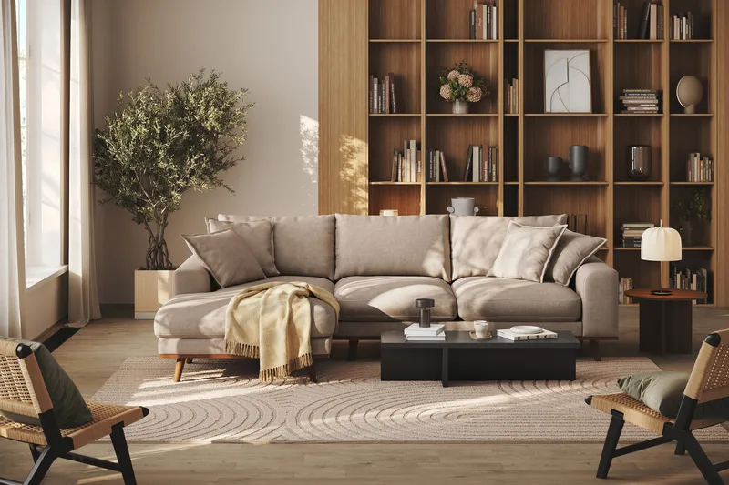 Copenhagen Premium 4-seters Venstrevendt L-formet Dyp Divansofa i Stof - Lysebrun - Møbler - Sofaer - Sofa med chaiselong