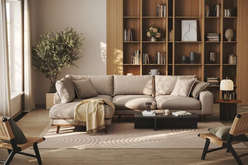 Copenhagen Premium 4-seters Venstrevendt L-formet Dyp Sjeselongsofa i Stof - Lysebrun - Møbler - Sofaer - Sofa med chaiselong