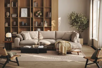 Copenhagen Premium 4-seters Høyrevendt L-formet Dyp Sjeselongsofa i Stof - Lysebrun - Møbler - Sofaer - Sofa med chaiselong