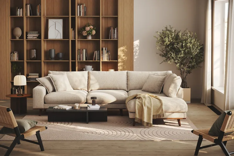 Copenhagen Premium 4-seters Høyrevendt L-formet Dyp Sjeselongsofa i Chenille - Beige - Møbler - Sofaer - Sofa med chaiselong