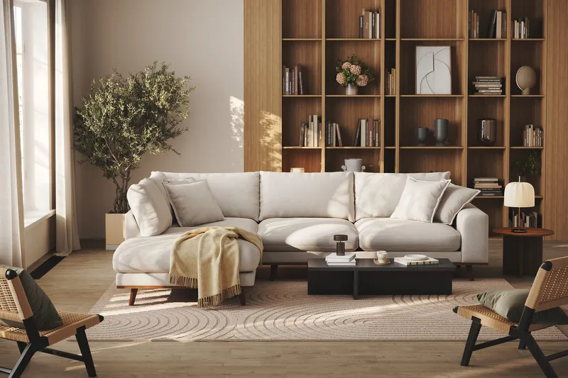 Copenhagen Premium 4-seters Venstrevendt L-formet Dyp Sjeselongsofa i Stof - Beige - Møbler - Sofaer - Sofa med chaiselong