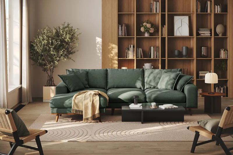 Copenhagen Premium 4-seters Venstrevendt L-formet Dyp Divansofa i Stof - Grøn - Møbler - Sofaer - Sofa med chaiselong