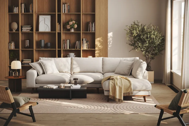 Copenhagen Premium 4-seters Høyrevendt L-formet Dyp Sjeselongsofa i Stof - Beige - Møbler - Sofaer - Sofa med chaiselong