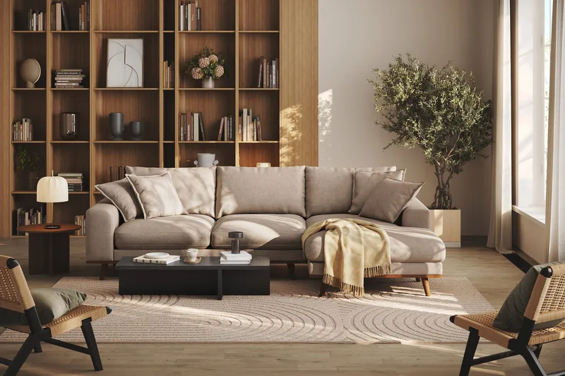 Copenhagen Premium 4-seters Høyrevendt L-formet Dyp Divansofa i Stof - Lysebrun - Møbler - Sofaer - Sofa med chaiselong