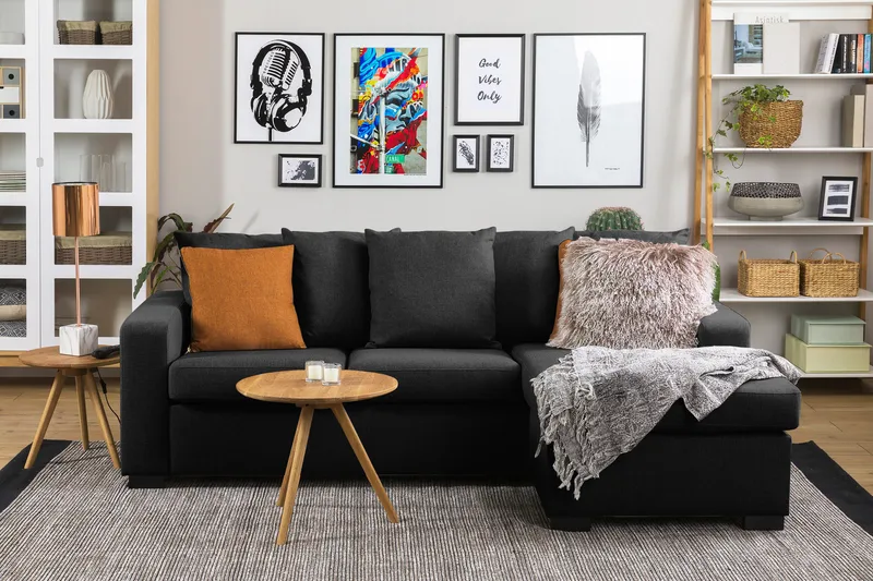 Crazy 3-personers Vendbar L-formet Divansofa i Stof inkl. Kuvertpuder - Mørkegrå - Møbler - Sofaer - Sofa med chaiselong