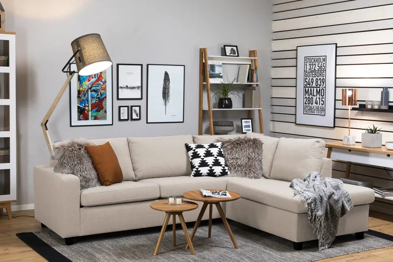 Crazy 3-personers Højrevendt L-formet Chaiselongsofa i Stof - Beige - Møbler - Sofaer - Sofa med chaiselong - 3 personers sofa med chaiselong