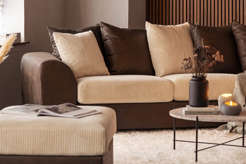 Cuba 4-personers Højrevendt L-formet Chaiselongsofa i Manchester/Kunstlæder inkl. Kuvertpuder - Brun / Beige - Møbler - Sofaer - Sofa med chaiselong