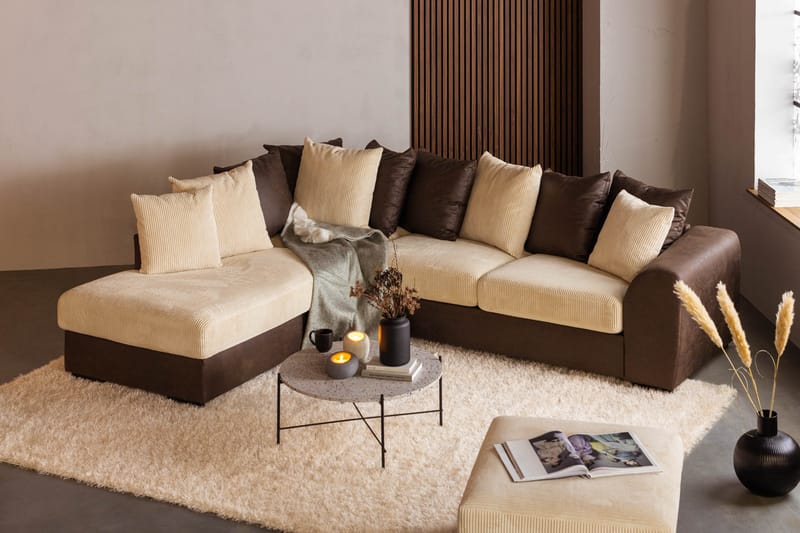 Cuba 4-personers Venstrevendt L-formet Chaiselongsofa i Manchester/Kunstlæder inkl. Kuvertpuder - Brun / Beige - Møbler - Sofaer - Sofa med chaiselong