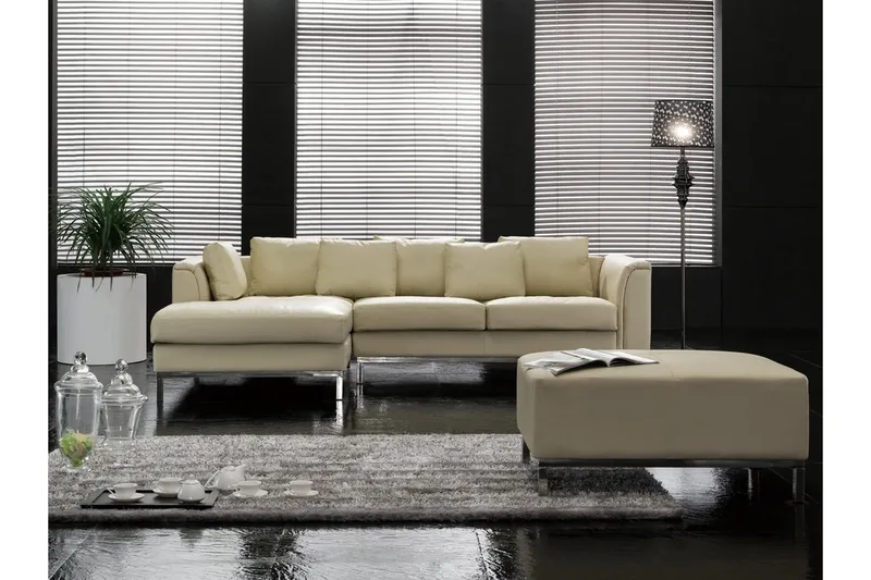 Dugard Hjørnesofa Højre + Fodskammel, Beige/Læder