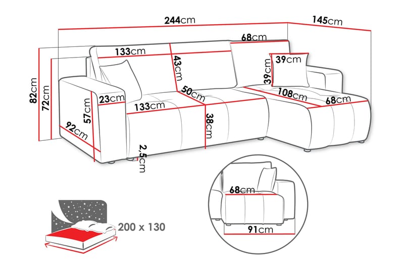 Flo Sovesofa med Chaiselong 3-personers - Sort - Møbler - Sofaer - Sofa med chaiselong