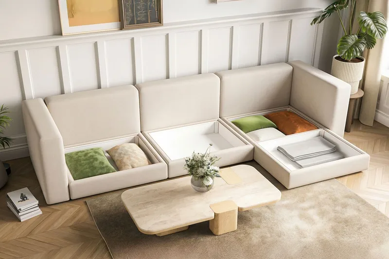 Hagblom 4-sæders Vendbar Chaiselongsofa 320 cm med Opbevaring i Chenille - Beige - Møbler - Sofaer - Sofa med chaiselong