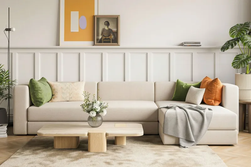 Hagblom 4-sæders Vendbar Chaiselongsofa 320 cm med Opbevaring i Chenille - Beige - Møbler - Sofaer - Sofa med chaiselong