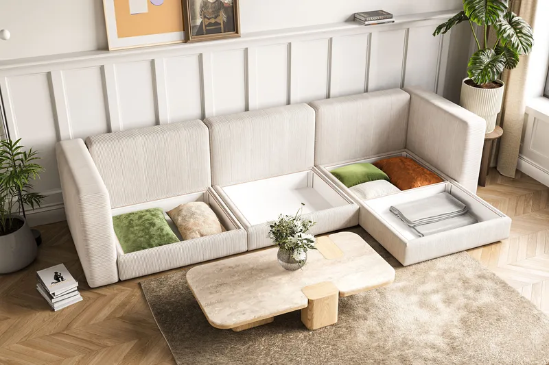 Hagblom 4-personers Divansofa med Opbevaring Vendbar - Beige - Møbler - Sofaer - Sofa med chaiselong
