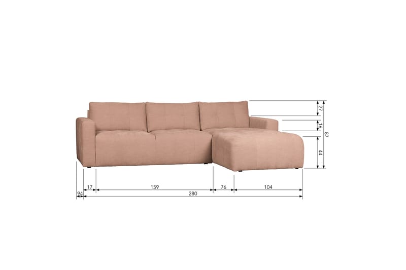 Hippylur 3-Pers. Sofa Højre - Lyserød - Sofa med chaiselong - 3 personers sofa med chaiselong