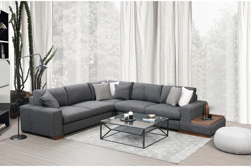 Huelva 5-personers Højrevendt L-formet Hjørnesofa 323 cm med Sidebord i Stof - Grå - Møbler - Sofaer - Hjørnesofa