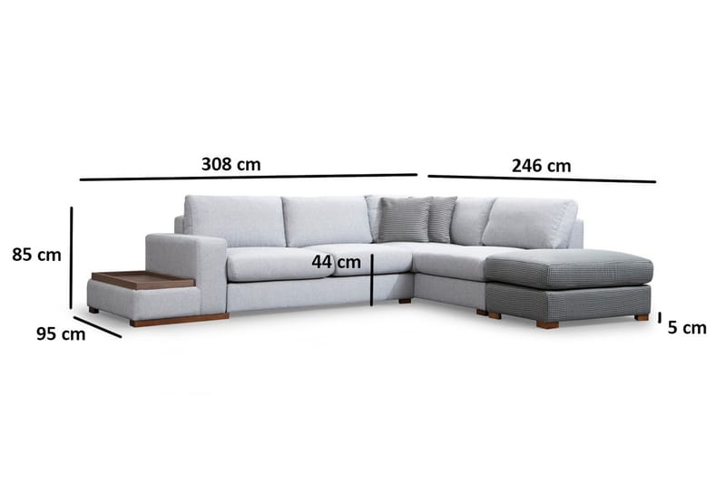 Huelva 5-personers Højrevendt L-formet Sofa med Chaiselong 308 cm i Stof - Grå - Møbler - Sofaer - Sofa med chaiselong