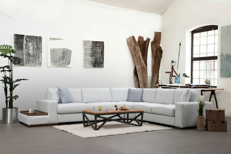 Huelva Venstrevendt L-formet Hjørnesofa 363 cm i Stof med Sidebord - Beige - Møbler - Sofaer - Hjørnesofa