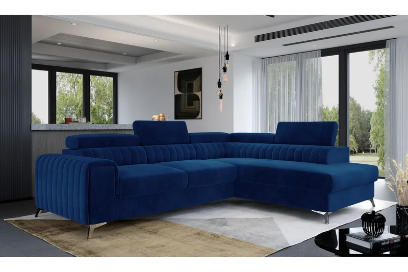 Laurece 3-personers Højre L-formet Sofa med Chaiselong i Fløjl, Blå