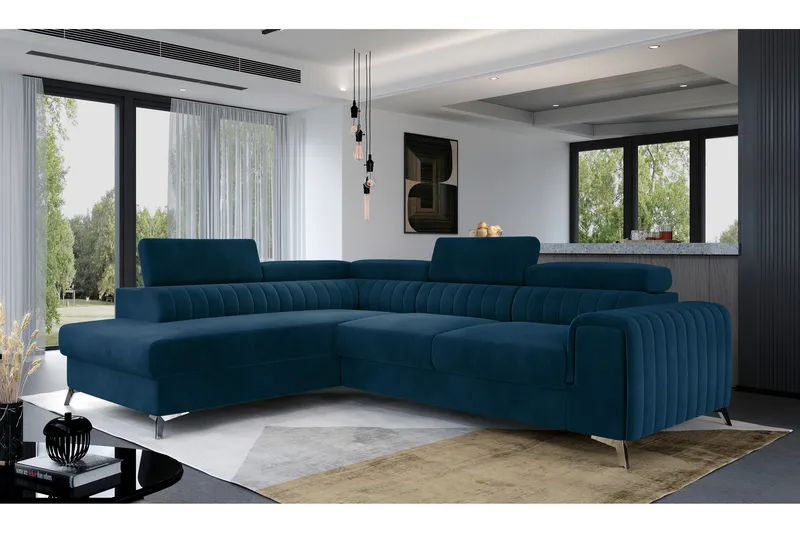 Laurece 4-personers Venstrevendt L-formet Sovesofa 125x210 cm i Plys, Blå