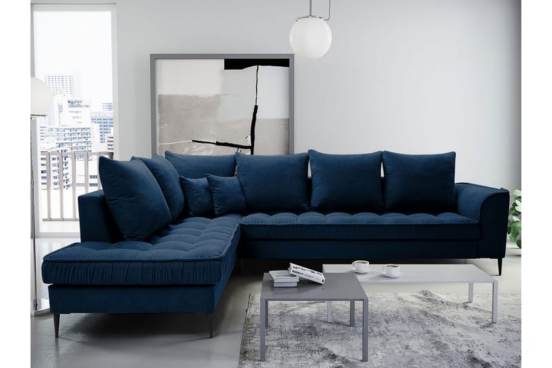 Lenara 3-personers hjørnesofa - Blå - Sofa med chaiselong - Velour sofaer - 3 personers sofa med chaiselong