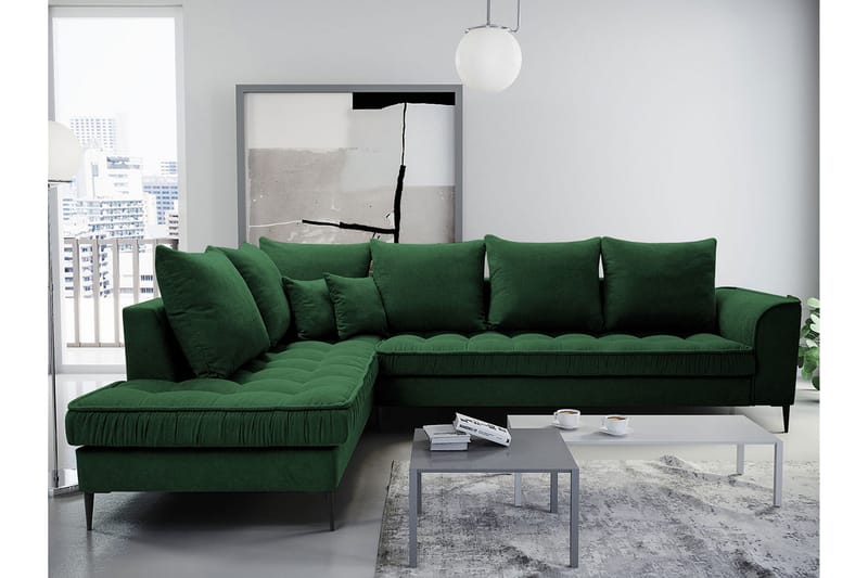 Lenara 3-personers hjørnesofa - Grøn - Sofa med chaiselong - Velour sofaer - 3 personers sofa med chaiselong